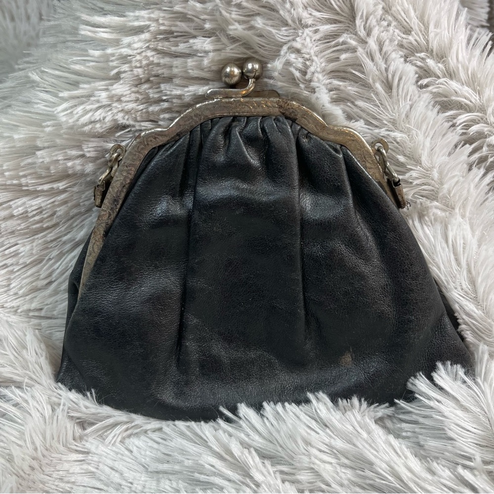 Vintage Black Leather Clutch, Silver Frame With Details, No Strap, Blue Lining